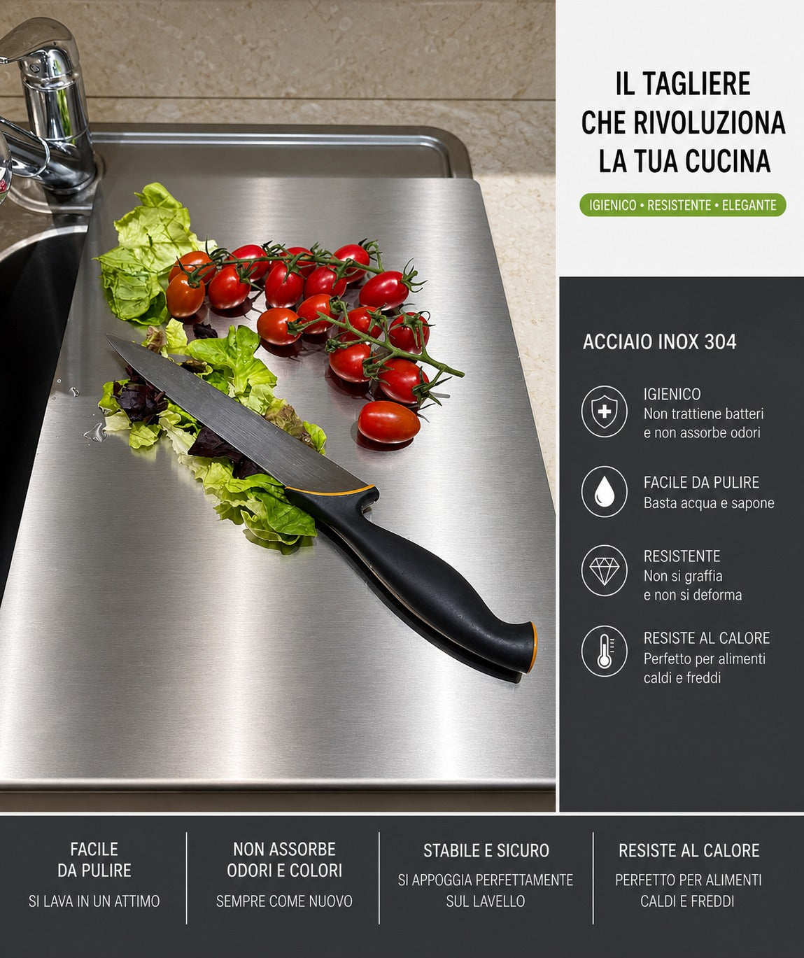 Tagliere in Acciaio Inox per Lavello